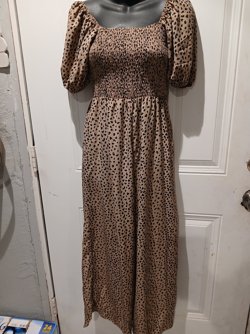 Smocked Puff-Sleeve Maxi Dress in Taupe Leopard